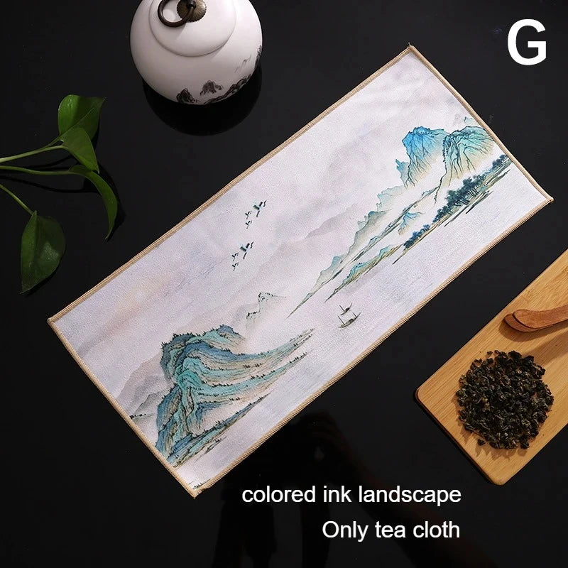 1pc Kung Fu Tea Towel with Ancient Style Thick and Absorbent Multifunctional High-end Painted Tea Cloth Peaceful Pleasures Health and Wellness G 30x16cm