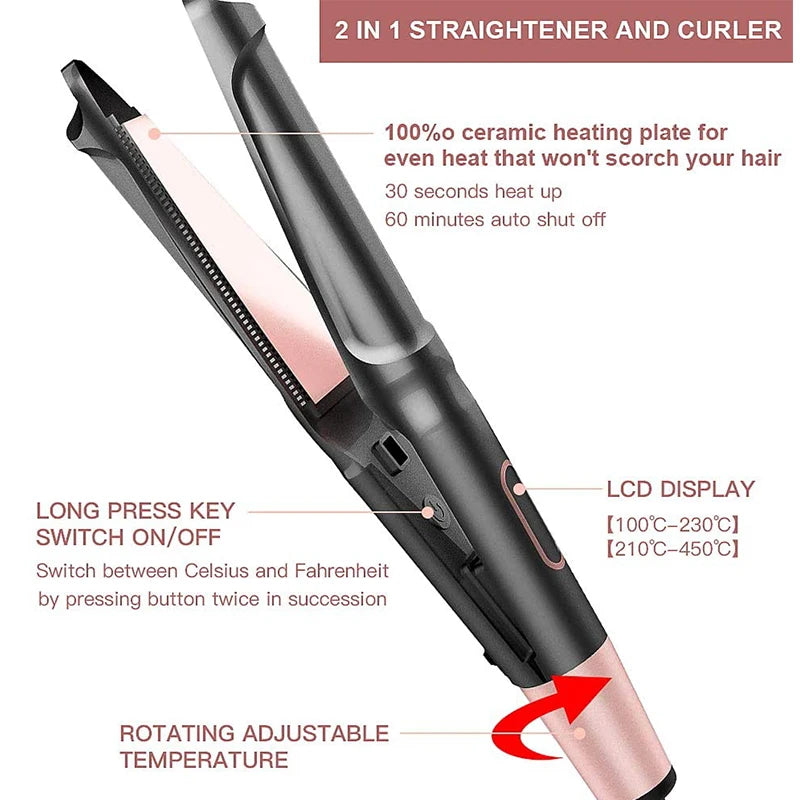 Pro 2-in-1 Negative Ion Electric Straightening & Curling Iron LCD Temperature Display for Long Hair & Dry Hair for Hotel Use Peaceful Pleasures Health and Wellness