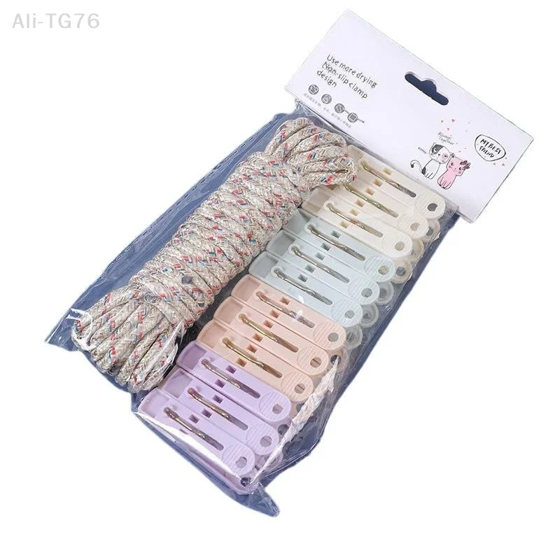 12-Clip Windproof Clothesline Set – Colorful Nylon Drying Clips