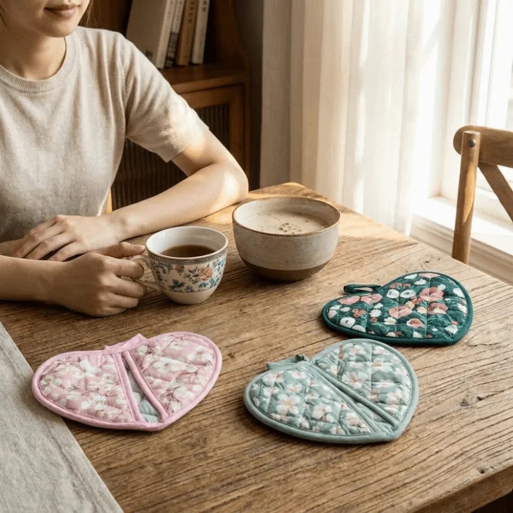 Heart-Shaped Cotton Oven Mitts | Non-Slip BBQ Gloves 1 Pair