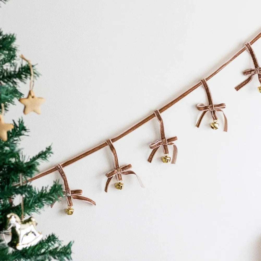Christmas Velvet Bow Bell Garland 180cm | Holiday Tree Decor