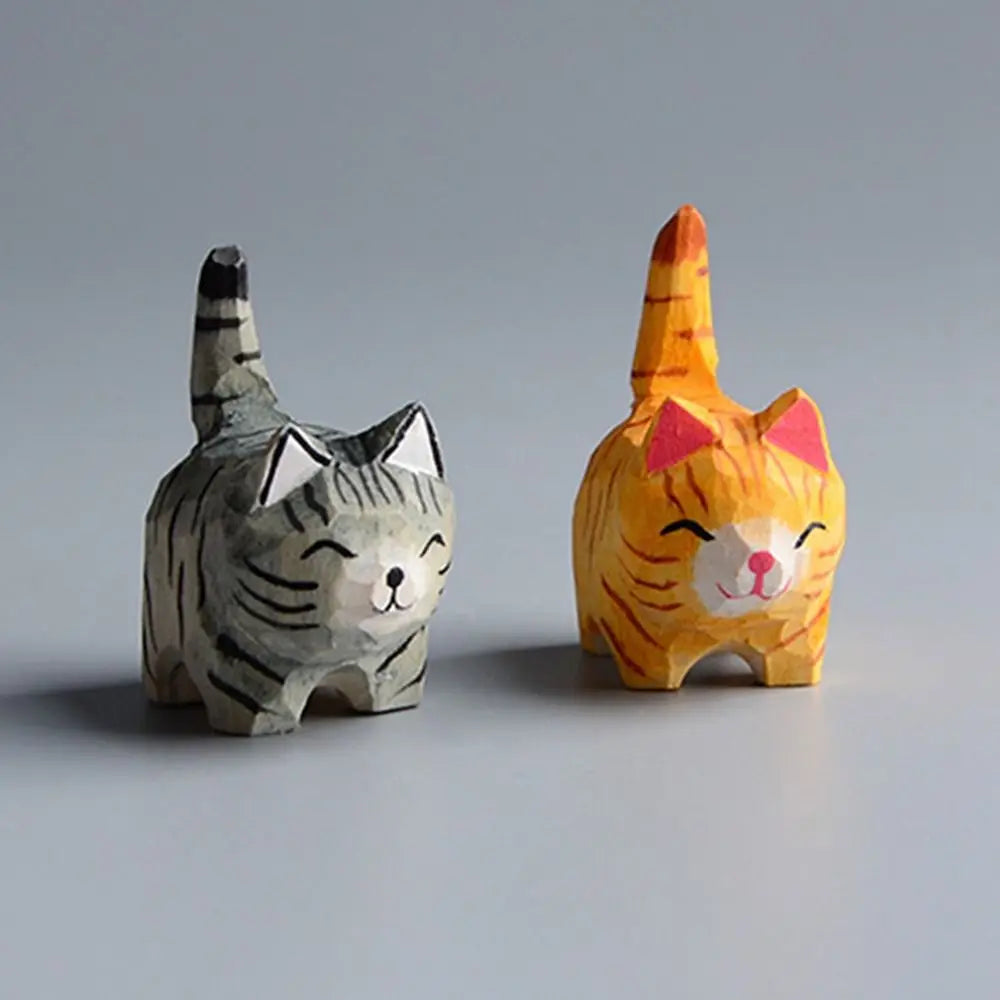 Handmade Wood Carved Cat Figurine | Gray & Orange Kitten Decor
