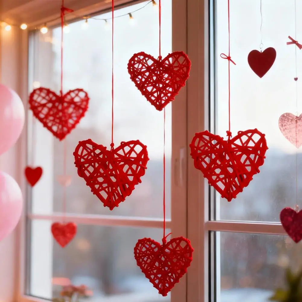 10pcs Red Rattan Heart Ornaments – Rustic Handcrafted Decor