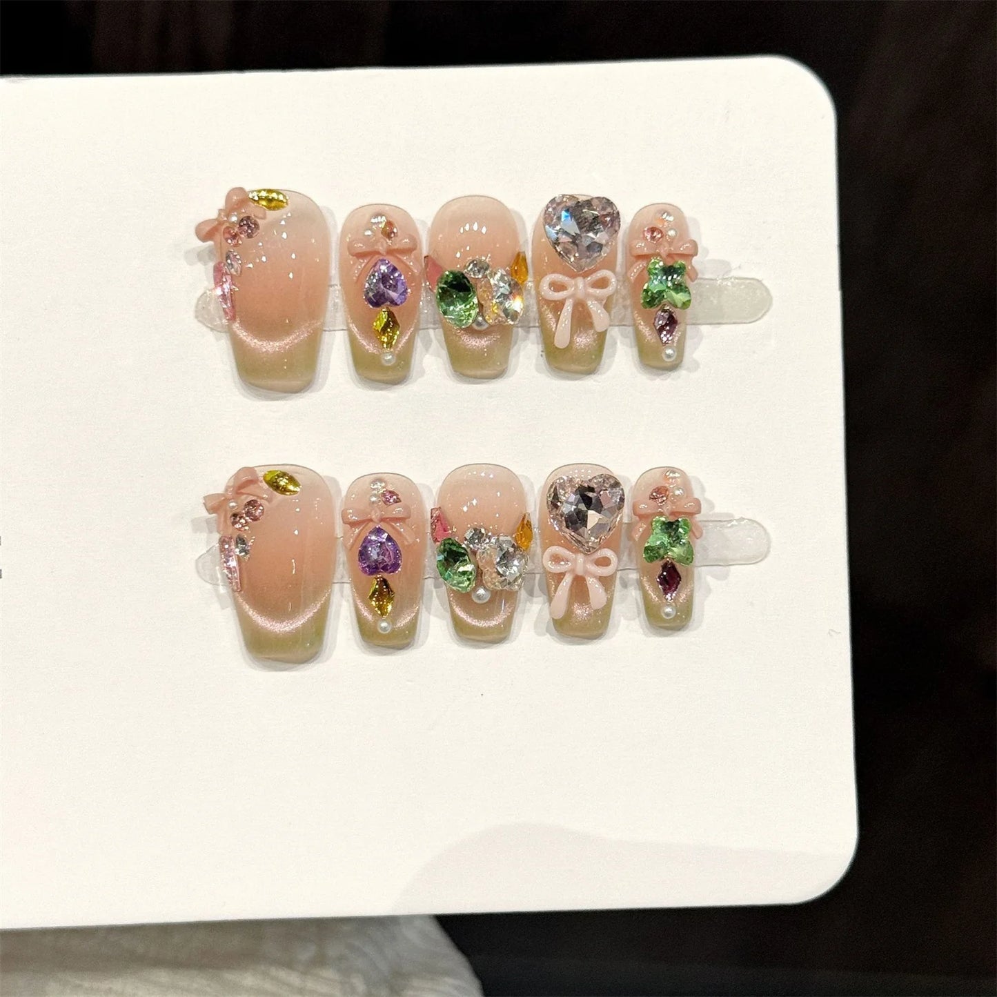 Y2K Press On Nails Pink Green Gradient Cat Eye 3D Bow Rhinestone