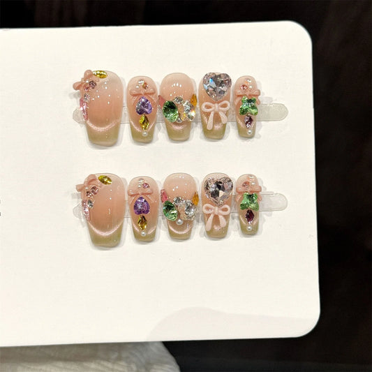 Y2K Press On Nails Pink Green Gradient Cat Eye 3D Bow Rhinestone Press-On Nail Art Peaceful Pleasures Health and Wellness