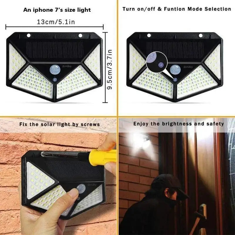 Outdoor 100 LED Wall Lamp PIR Motion Sensor Lights Waterproof Solar