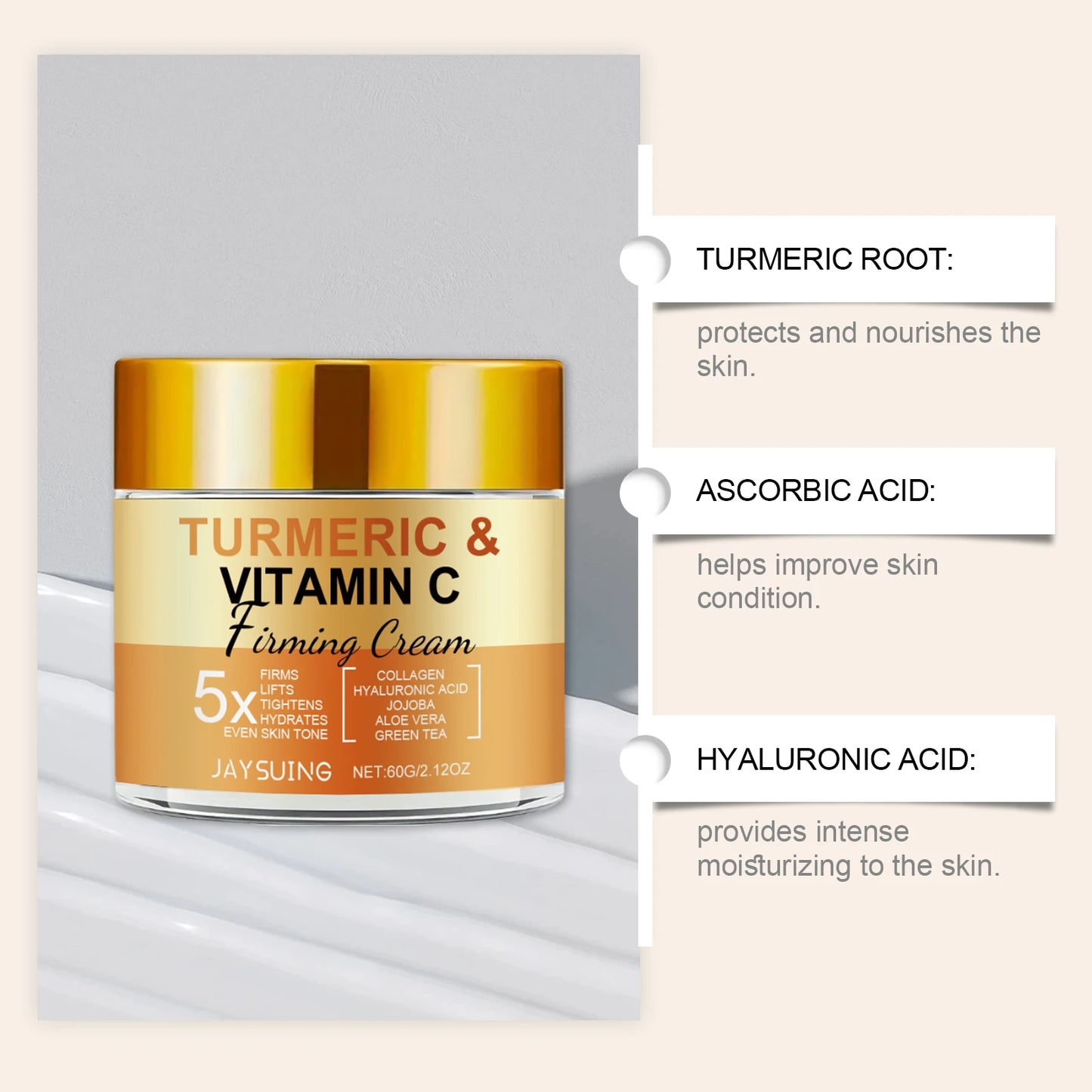 Turmeric Vitamin C Firming Face Cream Anti-Aging Remove Wrinkles Improve Dullness Moisturizing Smoothing Brighting Facial Cream Peaceful Pleasures Health and Wellness