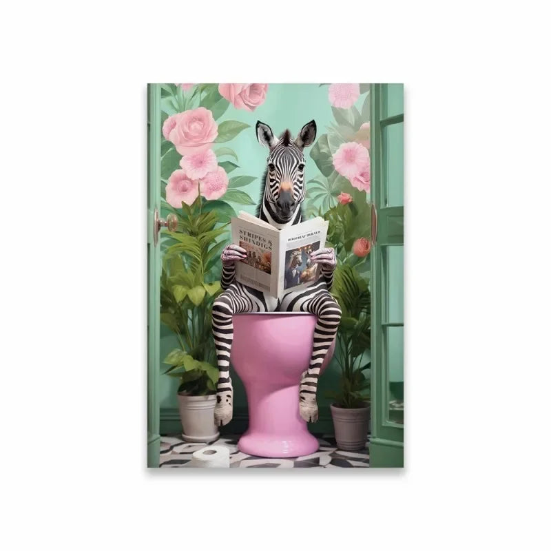 Funny Animal Bathroom Canvas Wall Art | Zebra Giraffe Tiger