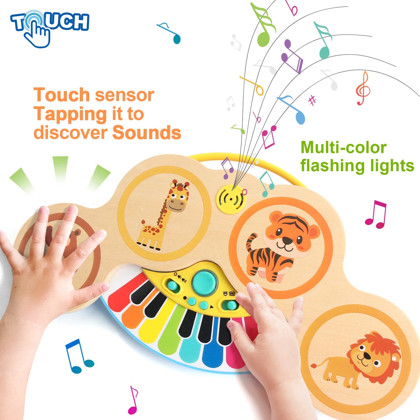 Wooden 2in1 Keyboard Piano Clapping Drum Music Light Cartoon Animals