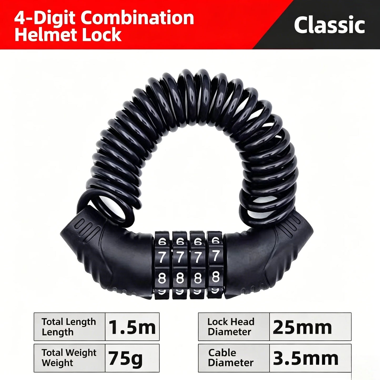 4-Digit Anti-Theft Combination Lock with Steel Cable Chain for Bicycle Security Password Protection Bike Safety Accessory Lock Peaceful Pleasures Health and Wellness black