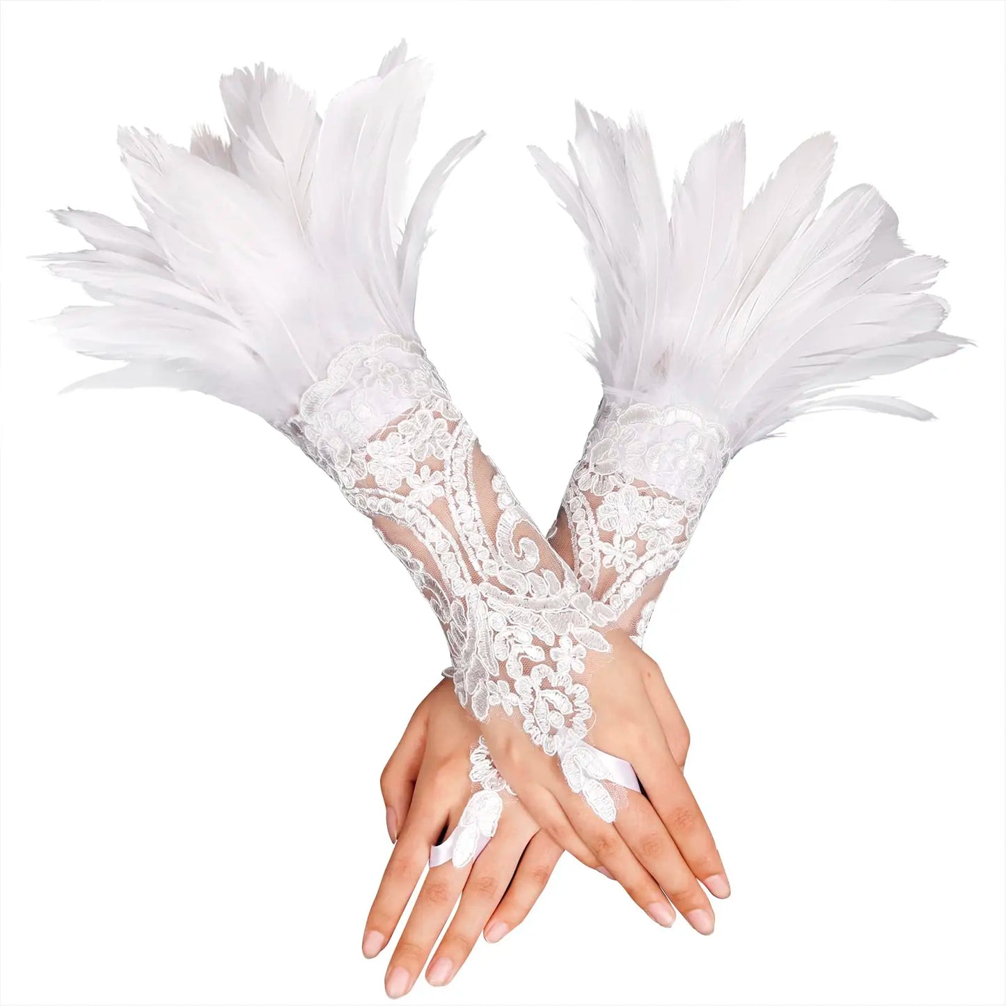 Punk Gothic Gloves Feather Wrist Cuff Carnival Stage Show Showgirl