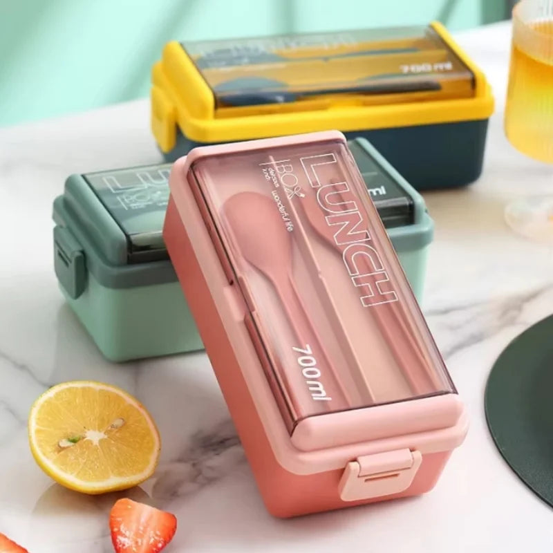 Double Layer Portable Lunch Box For Kids With Fork and Spoon Microwave Bento Boxes Dinnerware Set Food Storage Container Peaceful Pleasures Health and Wellness