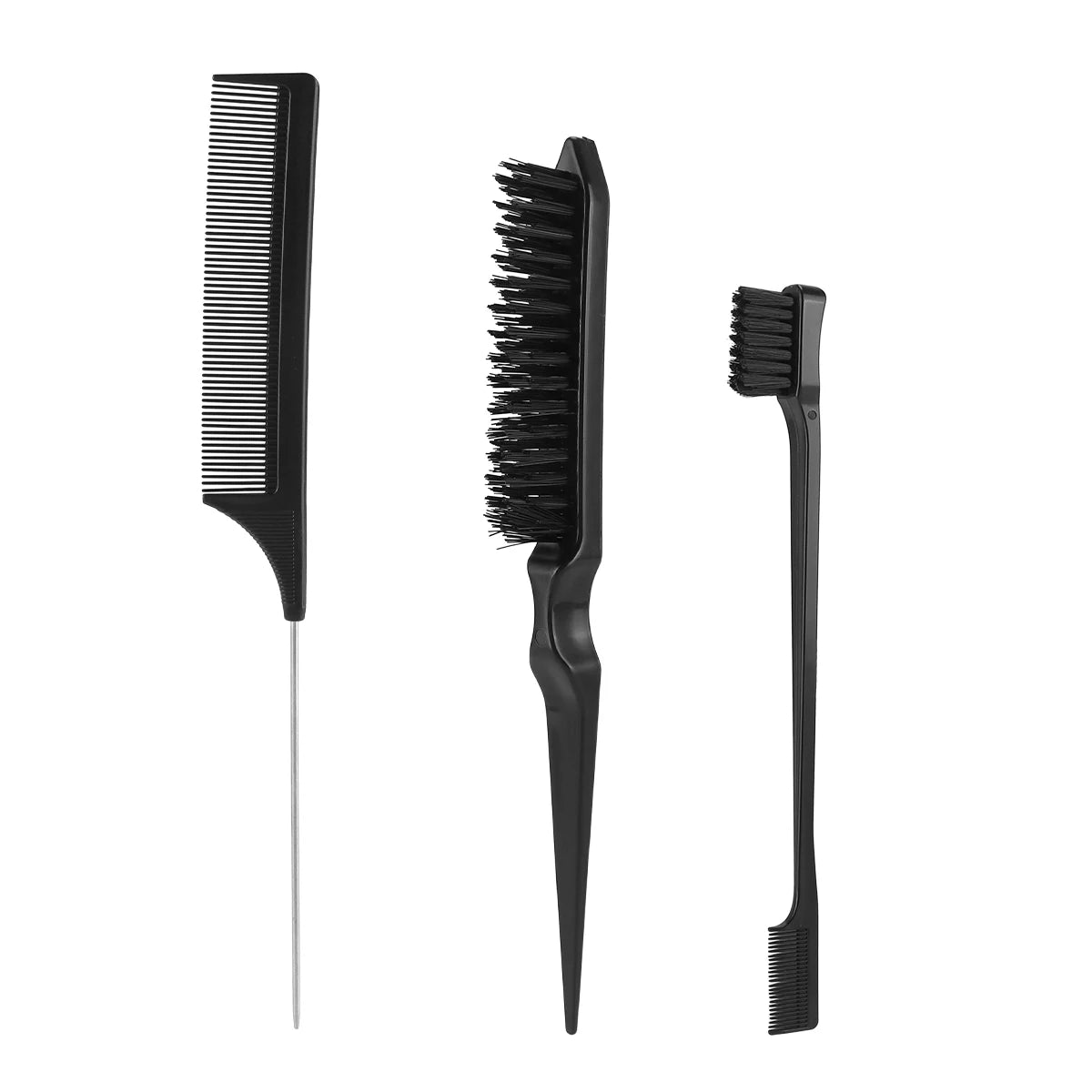 New 3pcs Hair Brush Set Sharp-tail Comb Three-row Hair Comb Steel Needle Mouse Tail Comb Toothbrush Eyebrow Brush Tool Peaceful Pleasures Health and Wellness Black