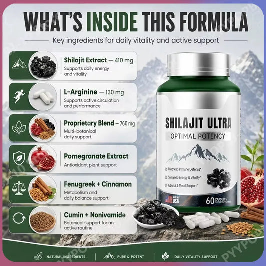 Shilajit Ultra Daily Energy & Vitality | L-Arginine 60 Caps Herbal Energy Supplement Peaceful Pleasures Health and Wellness