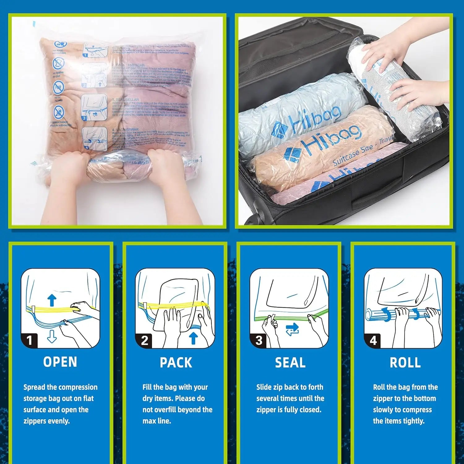 12-Pack Travel Compression Bags – Space Saver with Dual Zipper, No Vacuum Needed Peaceful Pleasures Health and Wellness