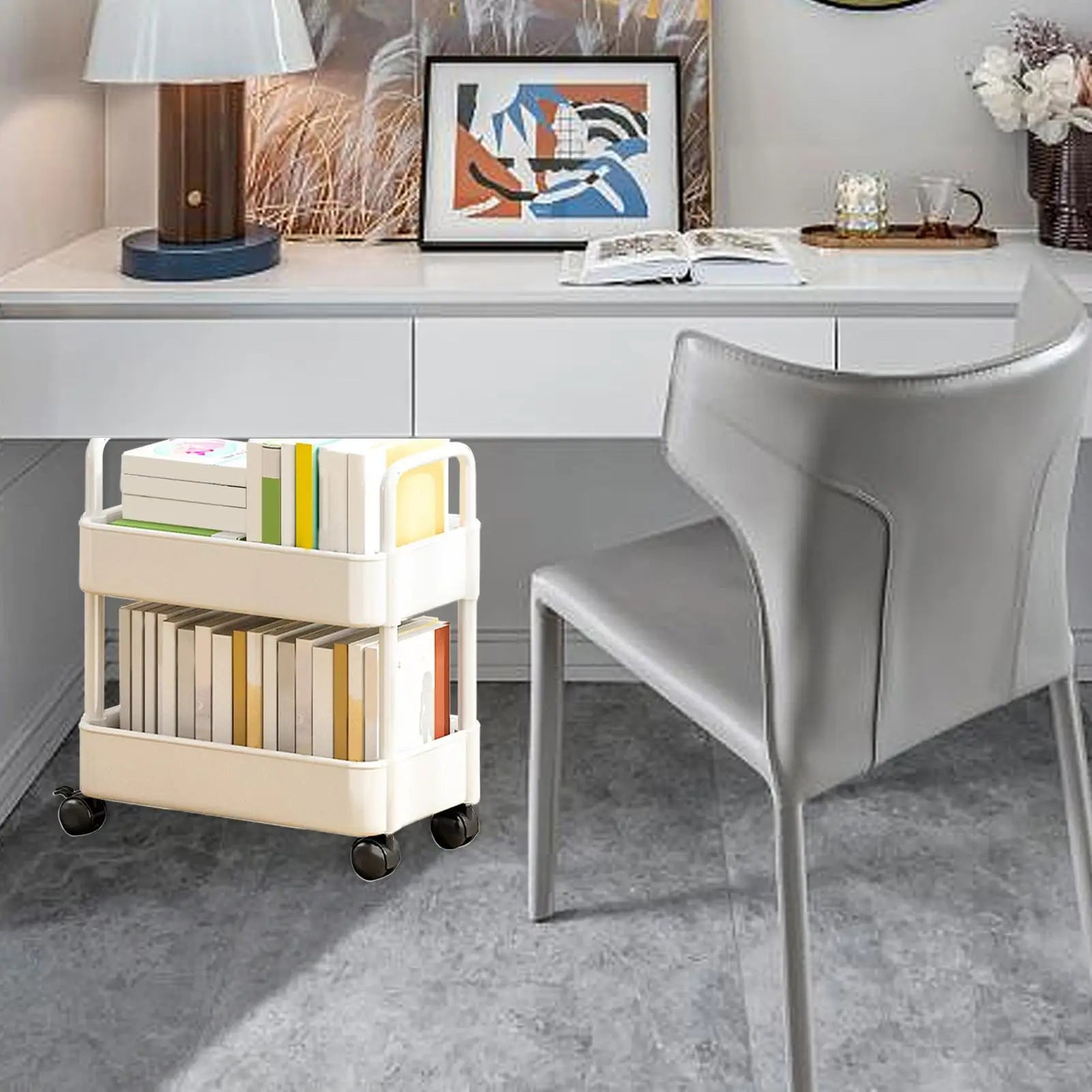 2-Tier Movable Bookshelf Cart with Wheels Multi-Purpose Storage Rack for Books Toys Snacks Household Mobile Organizer Peaceful Pleasures Health and Wellness