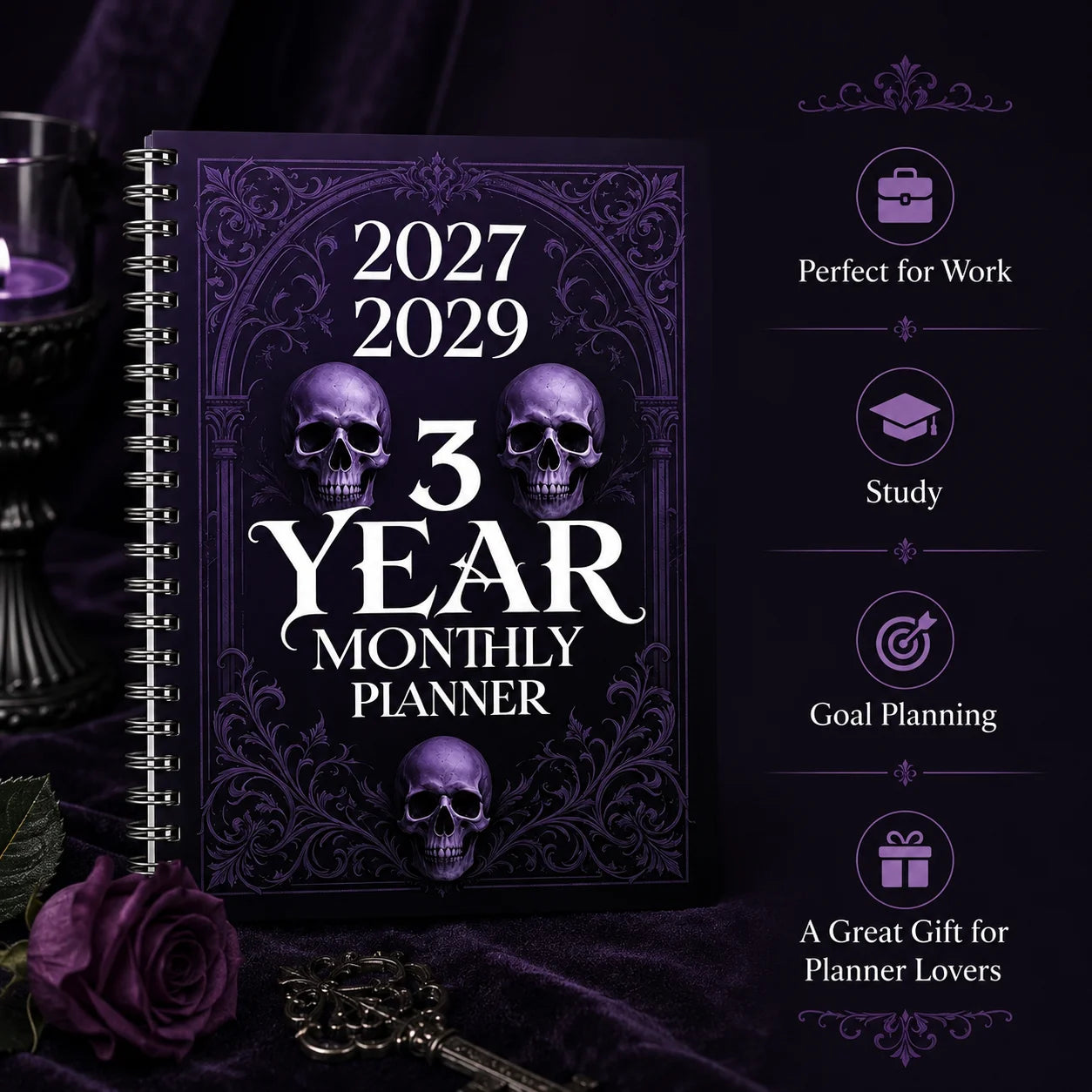 2027 2029 3 Year Monthly Planner Gothic Skull Spiral Journal