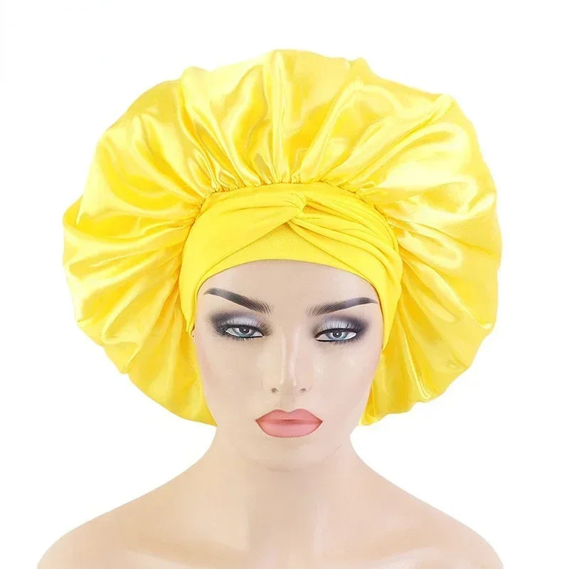Silk Night Sleeping Cap, Large Satin Bonnet, Bonnet Edge Wrap For Women Curly Braid Hair With Head Tie Band Peaceful Pleasures Health and Wellness YELLOW