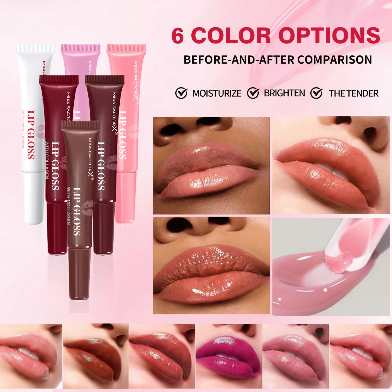 MISS FACTORX 6-Color Lip Gloss Set – Moisturizing Gift Box
