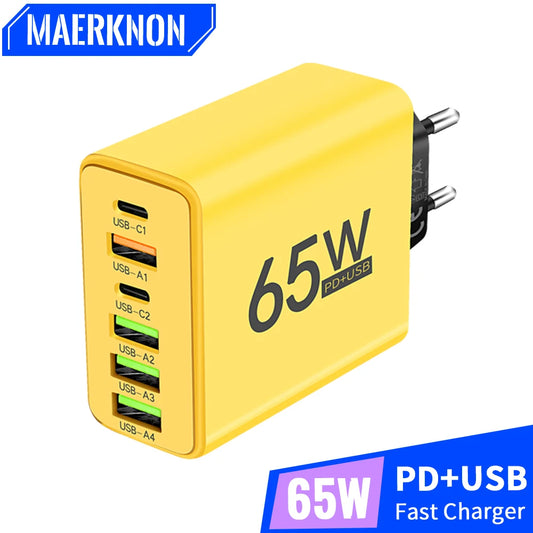 65W 6-Port USB-C Fast Charger | QC 3.0 & PD Multi-Device Multi-Port USB Charger Peaceful Pleasures Health and Wellness