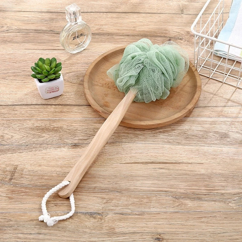 Wooden Handle Bath Brush & Mesh Back Scrubber Sponge Bath Back Scrubber Peaceful Pleasures Health and Wellness green