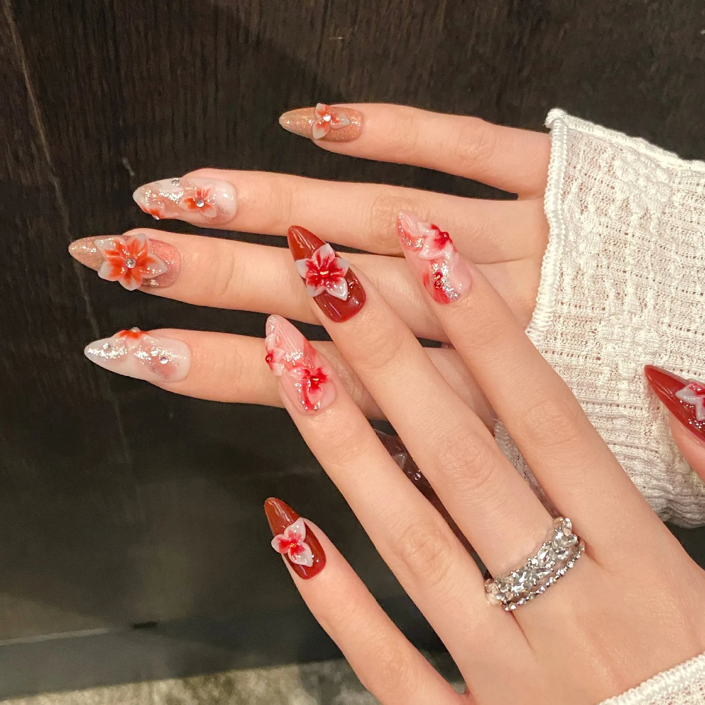 10pcs Handmade Almond Press on Nails Hand-carved Devil's Flower Design Fake Nail Tips Wearable Detachable Ins Sweet False Nails Peaceful Pleasures Health and Wellness