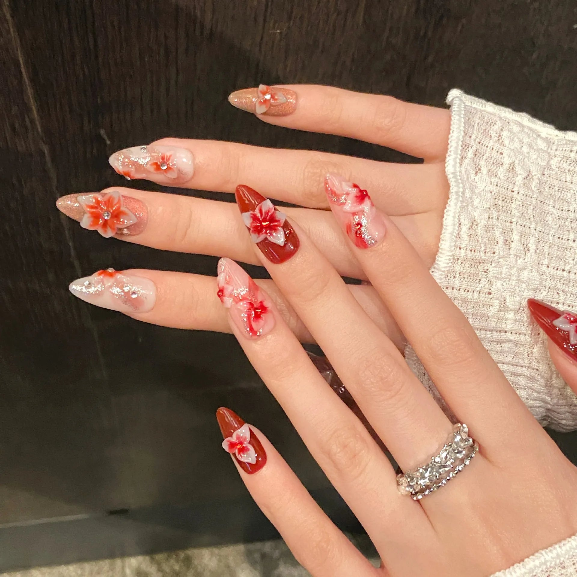 10pcs Handmade Almond Press on Nails Hand-carved Devil's Flower Design Fake Nail Tips Wearable Detachable Ins Sweet False Nails Peaceful Pleasures Health and Wellness