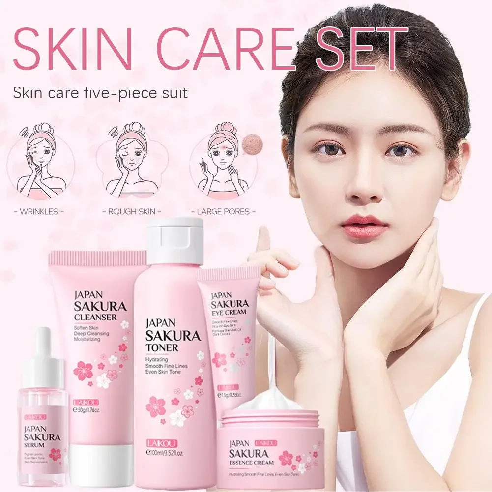 5pcs Skin Care Set Sakura Essence Skin Care Gift Sets With Cleanser,Toner,Serum,Eye Cream, Moisturizing Smooth Wrinkles Skincare Peaceful Pleasures Health and Wellness