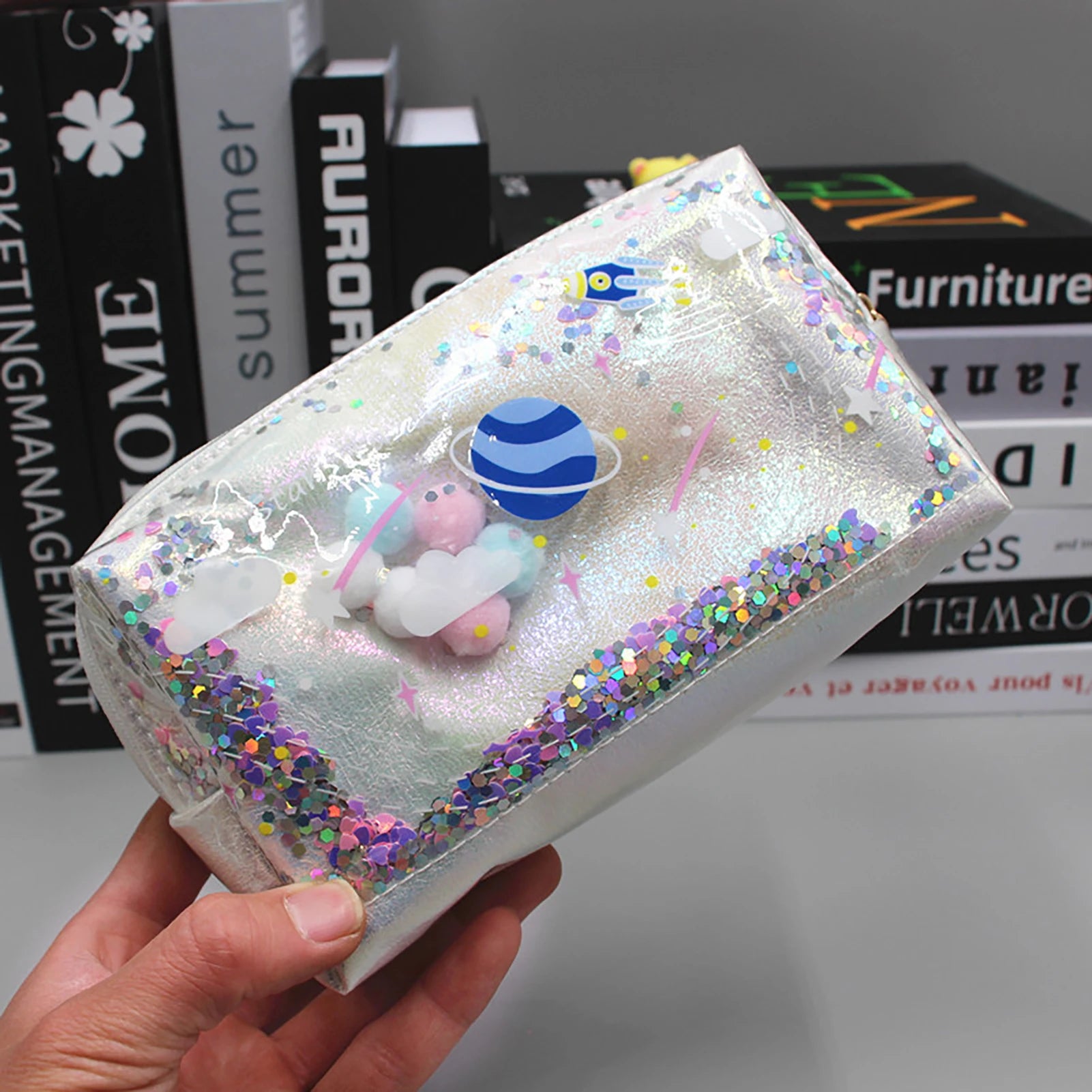 Large Capacity Planet Glitter Cosmetic Bag Cute Starry Makeup Pouch For Girls Student Pencil Case Travel Toiletry Bag Peaceful Pleasures Health and Wellness