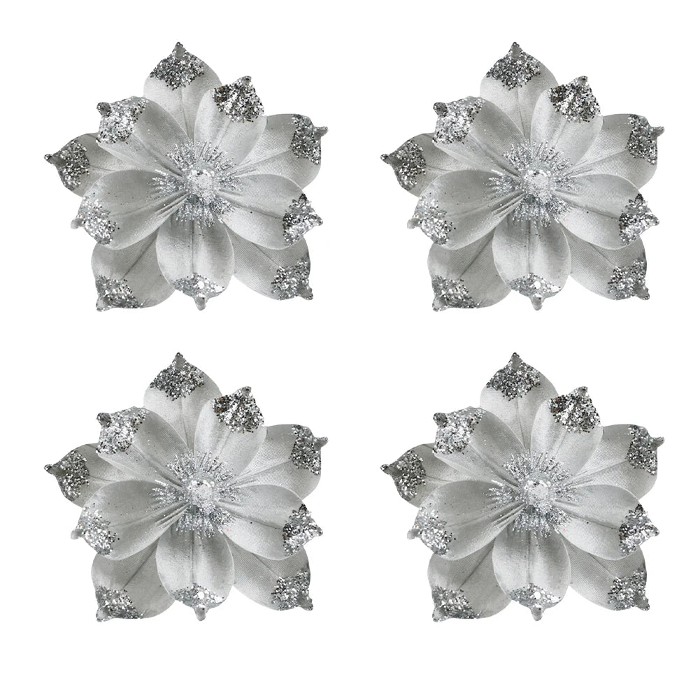 Gold Glitter Christmas Artificial Flowers – Set of 4 | Holiday Decor