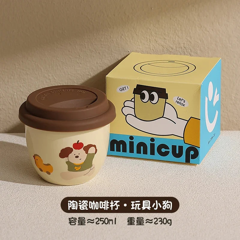 Practical Cute Cartoon Sausage Puppy Cups Exquisite Coffee Cups with Lid One Piece Cups Internet Famous Ceramic Cups Casual Cups Peaceful Pleasures Health and Wellness D 250ML