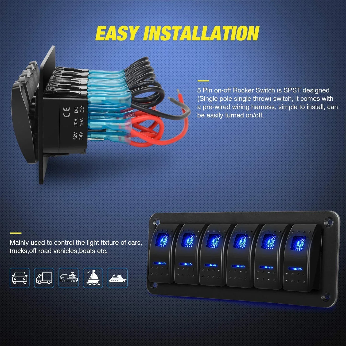 6 Gang Aluminum Rocker Switch Panel – Blue Backlit Peaceful Pleasures Health and Wellness