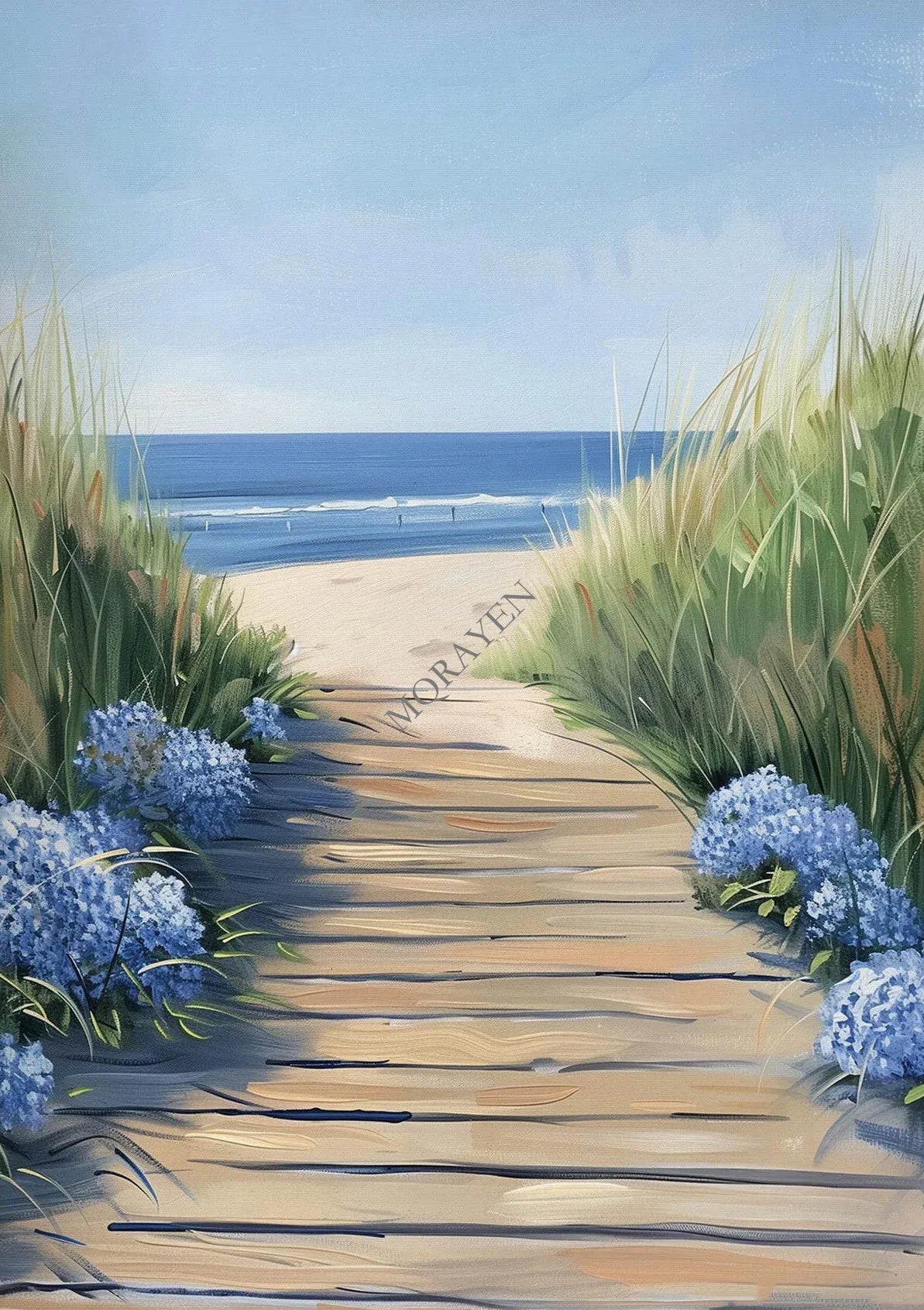 Blue Coastal Canvas Wall Art | Hydrangea Beach Seashell Print
