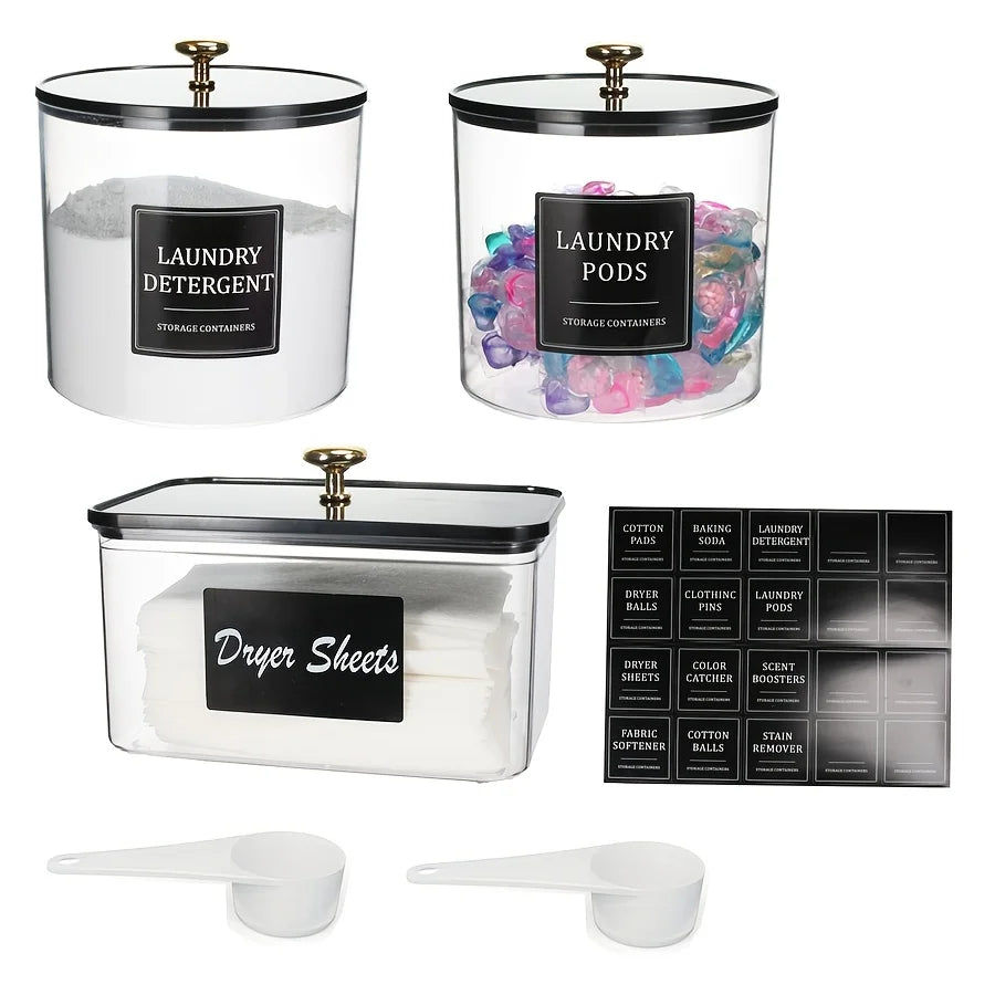 Laundry Pods Container & Dryer Sheet Holder – Storage Jars with Lids, Labels & Scoops for Laundry Room