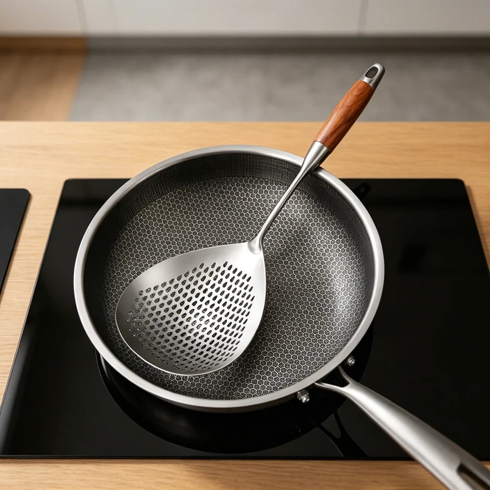 Large Stainless Steel Skimmer Strainer Spoon | Dumpling & Fry Kitchen Skimmer Strainer Peaceful Pleasures Health and Wellness