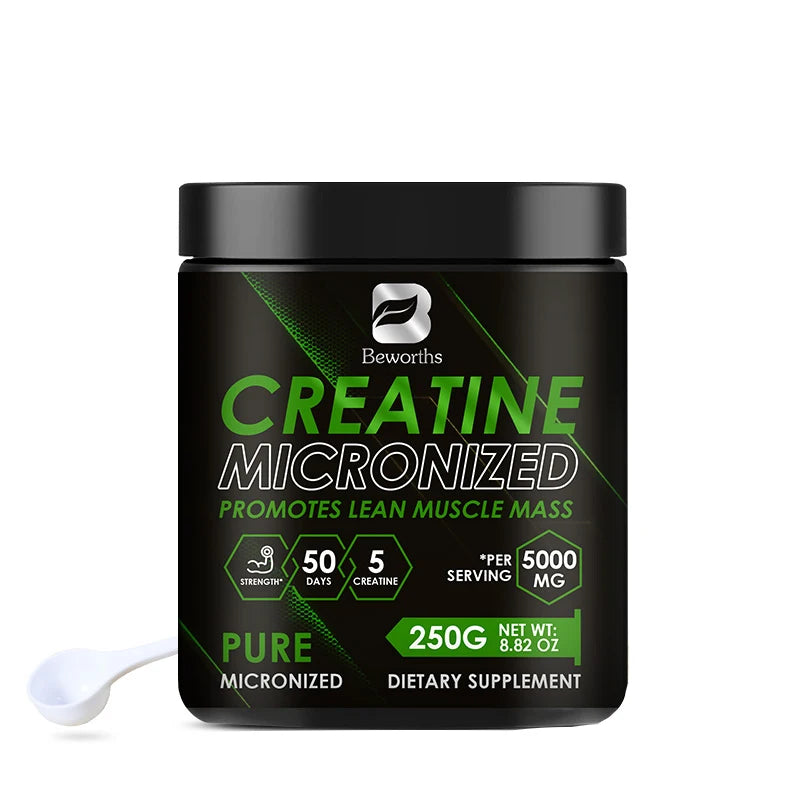 Creatine micronized supplement container with black and green design on a white background