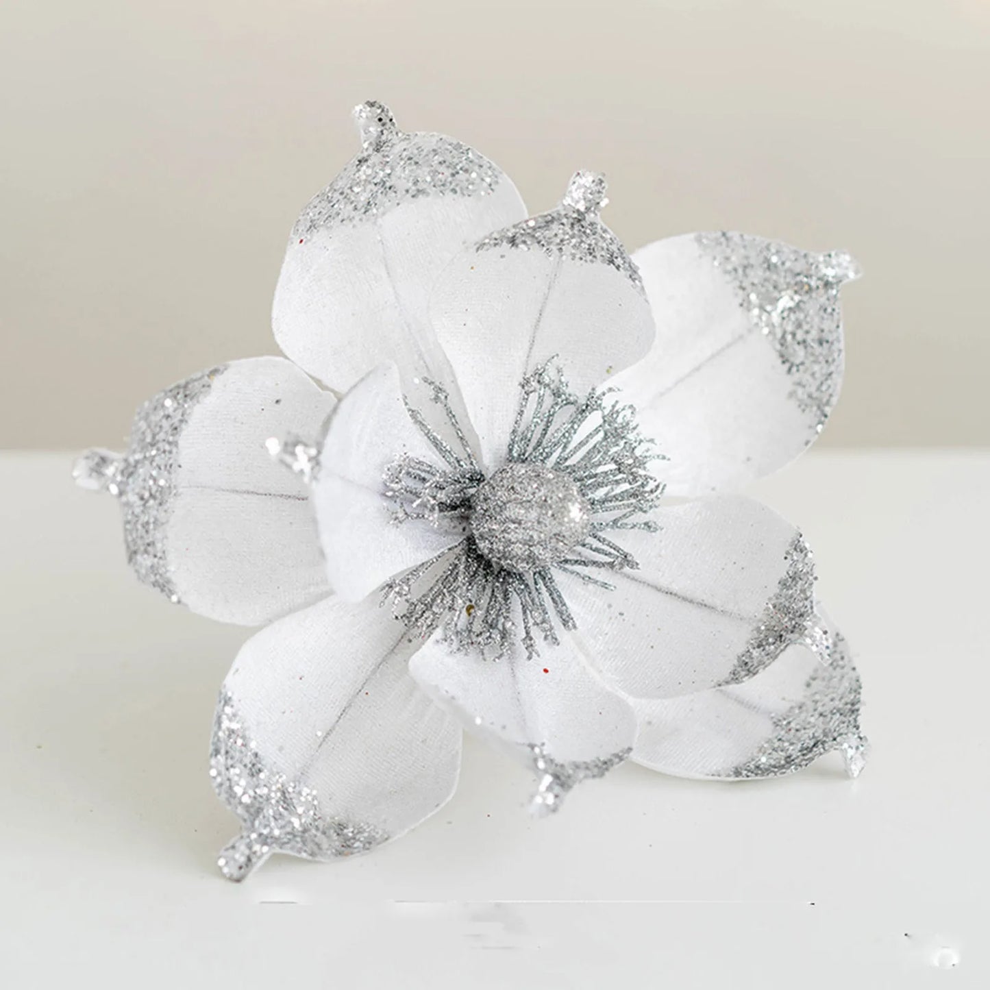 20cm Pink Glitter Magnolia Christmas Flower Pick | Xmas Decor