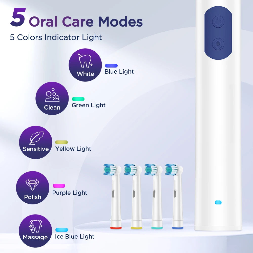 Rotary Electric Toothbrush for Adults 5 Modes Smart Rechargeable Auto Tooth Brushes with 4 Replacement Heads for Deep Cleaning Peaceful Pleasures Health and Wellness