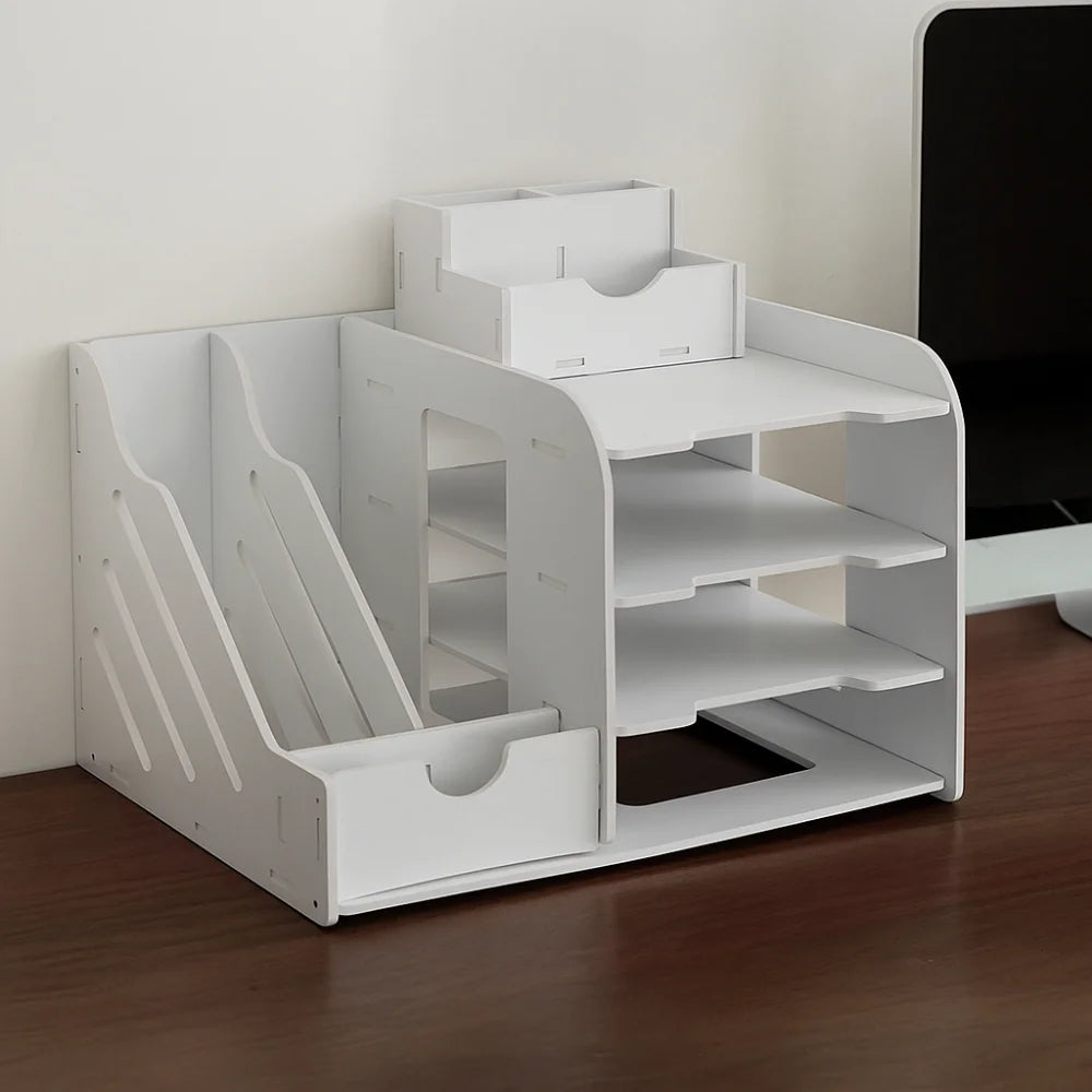 Large Capacity File Storage Rack Space Saving Thickened File Sorter Multi-Layer Partition Design Desktop Storage Box School Peaceful Pleasures Health and Wellness White