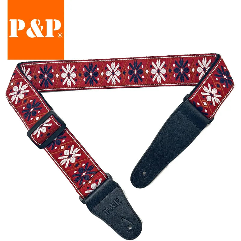 Guitar Strap Embroidered Belt Adjustable Jacquard Band Cotton Leather