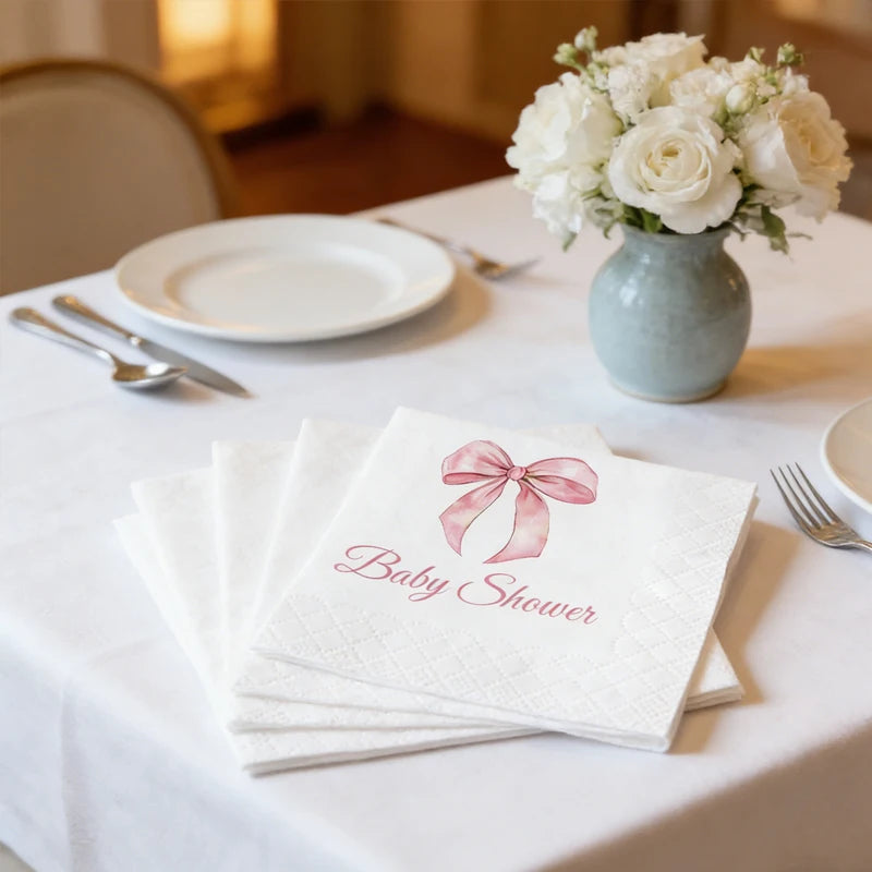 Pink Bow Baby Shower Napkins – 20pcs Disposable Paper Cocktail