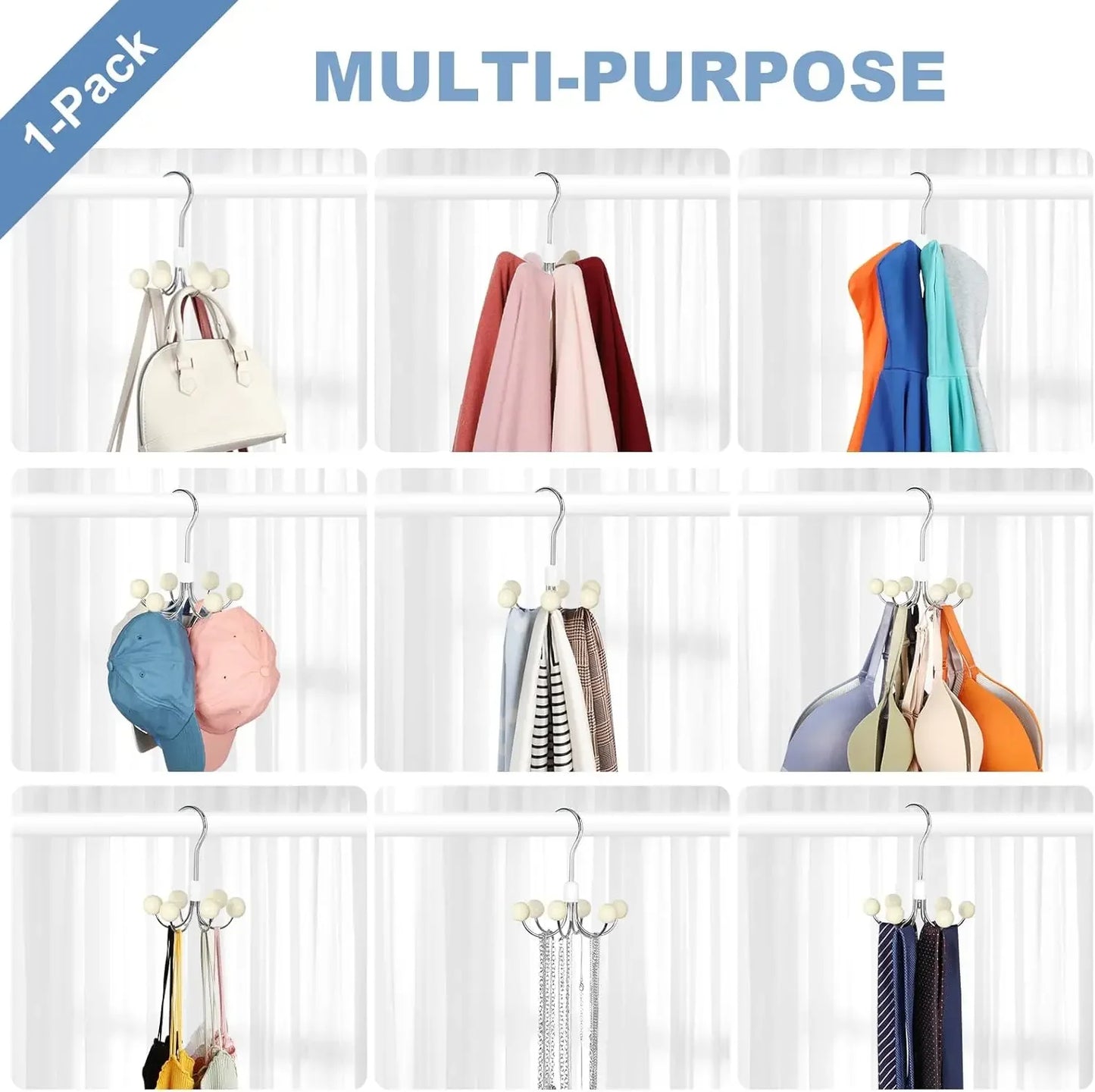 6-Hook Rotating Closet Organizer with Wood Balls for Hoodies, Purses, Scarves, and Accessories Peaceful Pleasures Health and Wellness
