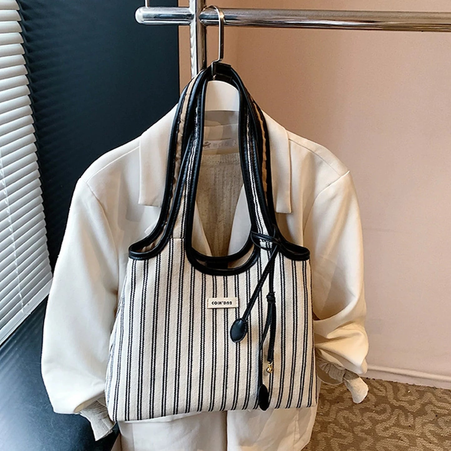 Striped Canvas Tote Bag for Women Large Capacity Shoulder Crossbody Bag Fashion Commute School Bag Peaceful Pleasures Health and Wellness