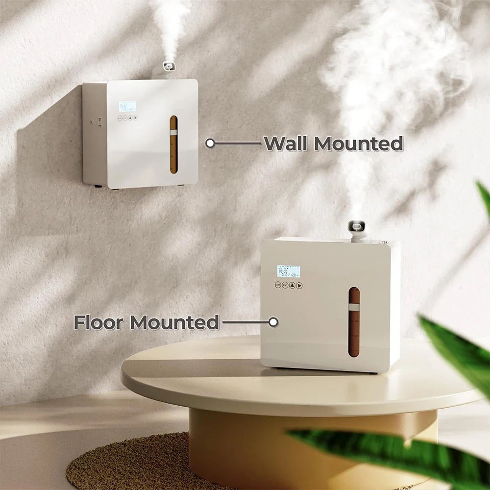 Two wall-mounted and floor-mounted humidifiers with labels on a blurred indoor background.