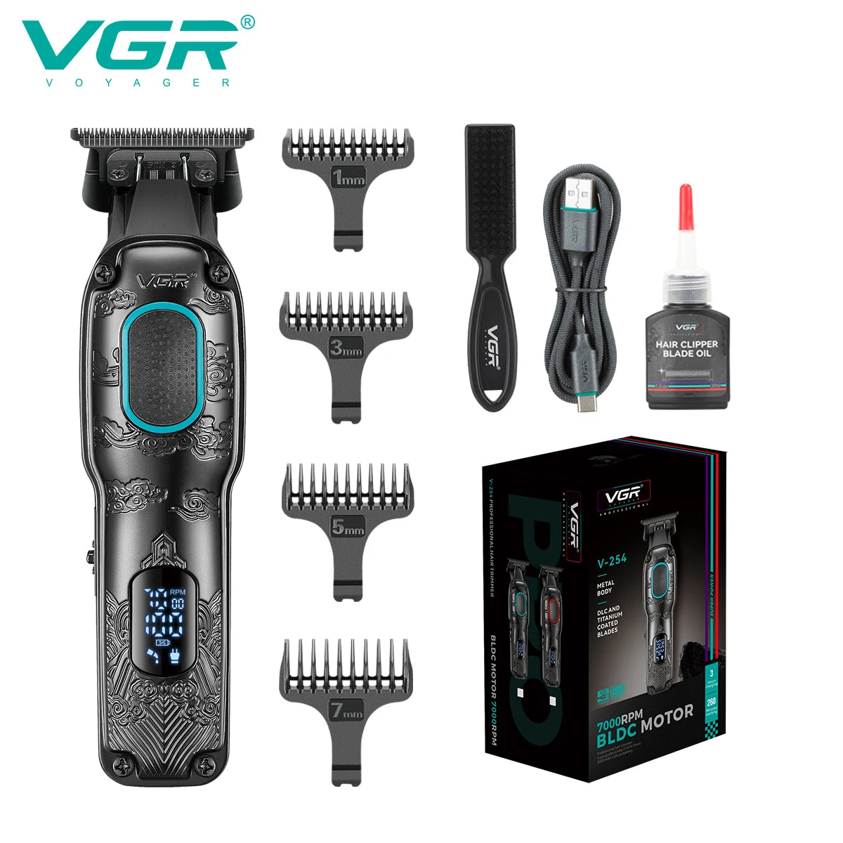 VGR intelligent digital hair clipper relief texture machine height endurance 7000rpm hair salon home carving push shear V-254 Peaceful Pleasures Health and Wellness V-254blue