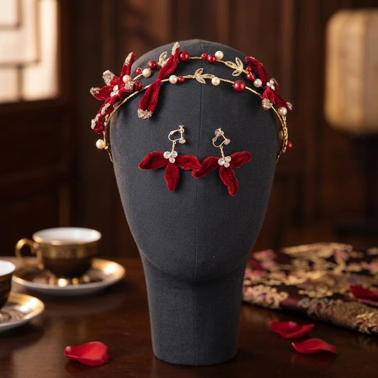 Red Velvet Bridal Headband Earring Set For Chinese Wedding Toast Ceremony Peaceful Pleasures Health and Wellness
