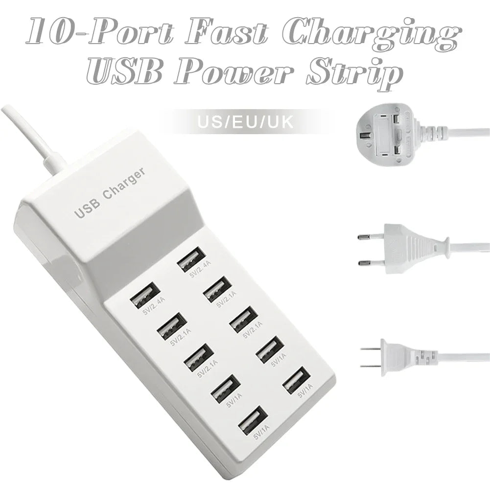 10-Port 50W USB Charging Station | Multi-Device Power Strip Hub