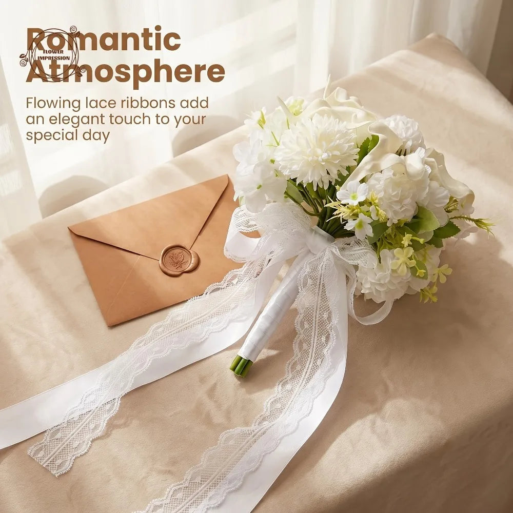 White Calla Lily Hydrangea Bridal Bouquet | Lace Ribbon