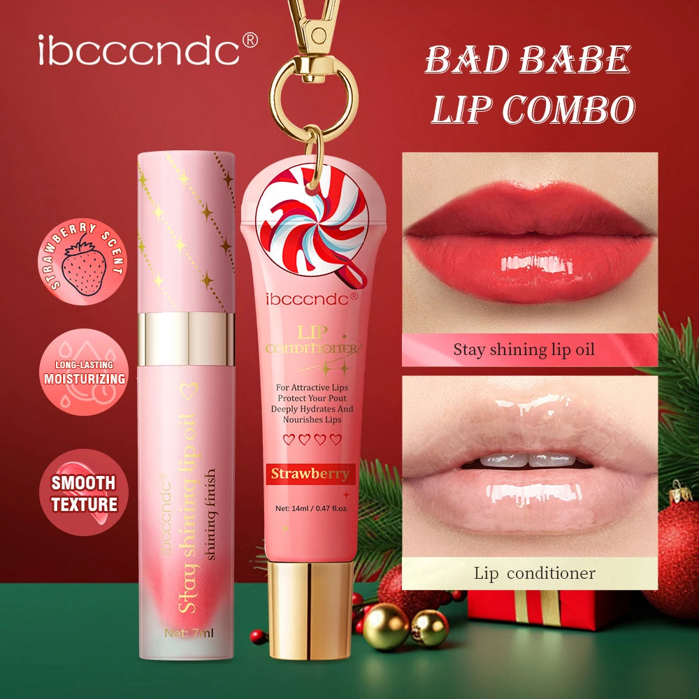 Lip Stain and Lip Oil Set Strawberry Taste Water Based Glossy Gel Hydrating Moisturizing Women Lips Makeup Cosmetic Christmas Peaceful Pleasures Health and Wellness