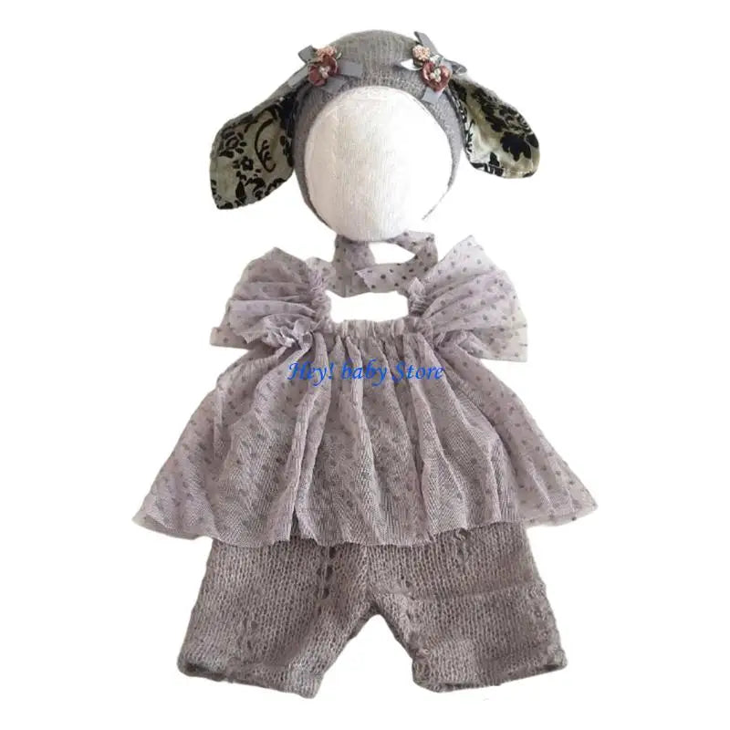 Newborn Photo Outfit | Lace Tulle Dress & Animal Ear Hat Set